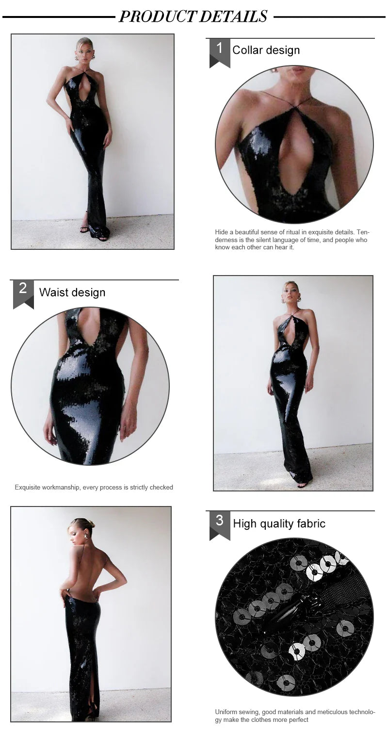 VC Women'S Luxury Party Dress Sexy Backless Black Sequins Long Dress For Special Events Female Clothing