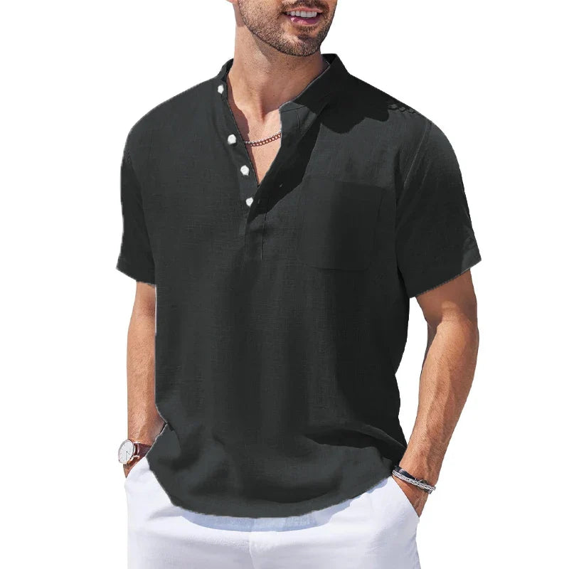 New Mens Henley Short Sleeve Casual Shirt Summer Cotton Shirts Beach Shirts Banded Collar Tshirts lightweight Shirts with Pocket Lootquake LLC