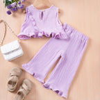Summer Kids Cotton Casual 2pcs Toddler Girls Solid Color Sleeveless Top + Ruffle Pants Set Comfortable Fashion Hot Sale