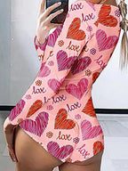 Women’s Long Sleeve Valentine Day Jumpsuit Bodycon V Neck Heart Lip Print Button Down Short Romper Indoor Sleepwear