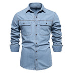 AIOPESON Brand New Mens 100% Cotton Denim Shirts Double Pocket Casual Cowboy Mens Shirts Long Sleeve Autumn Jeans Shirts for Men Lootquake LLC