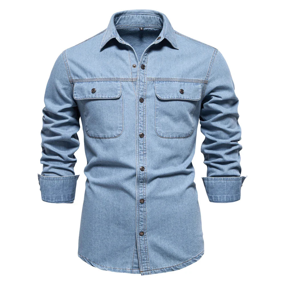 AIOPESON Brand New Mens 100% Cotton Denim Shirts Double Pocket Casual Cowboy Mens Shirts Long Sleeve Autumn Jeans Shirts for Men Lootquake LLC