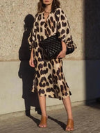 Autumn Women's Long Leopard Print Dress New Long V-neck Loose Lantern Sleeve Leopard Print Dress Long Dress