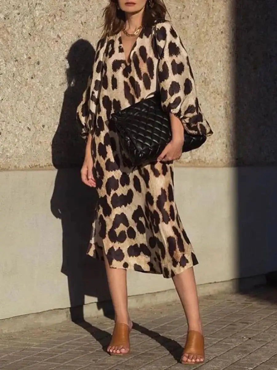 Autumn Women's Long Leopard Print Dress New Long V-neck Loose Lantern Sleeve Leopard Print Dress Long Dress
