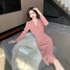 Women Pink Pleated Bodycon Formal Long Dress Autumn Winter Long Sleeve Chic Suit Dress 2025 Korean Fashion Elegant Party Dresses
