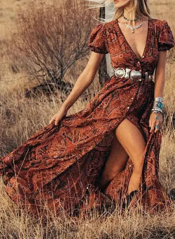 TEELYNN boho long dress Vintage 2023 floral print Chiffon three quarter sleeve v-neck summer Gypsy Hippie women dresses vestidos