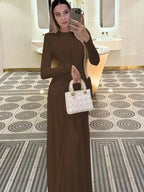 Dulzura Long Sleeves Shoulder Pad Ruched Maxi Dress Solid Elegant Prom Evening Party Long Dress Women’S Autumn Winter Outfit