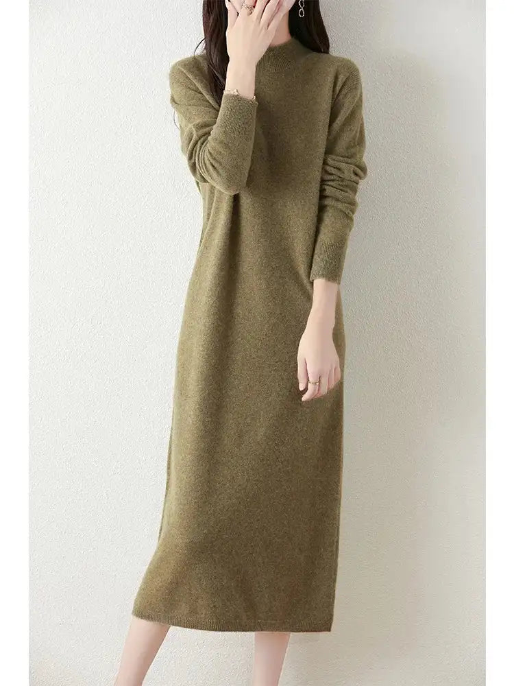 Autumn Winter Women's Wool Long Dress Cashmere Mock Neck Pullover Sweater 100% Merino Wool Soft Knitwear OL Simple Basic Dress Lootquake LLC