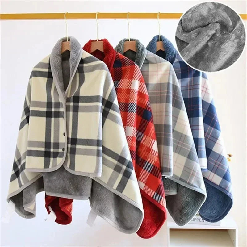 Thick Plaid Blanket Warm Winter Wearable Blanket Adults Office Travel Soft Fleece Throw Blankets With Button Home Shawl Lootquake LLC