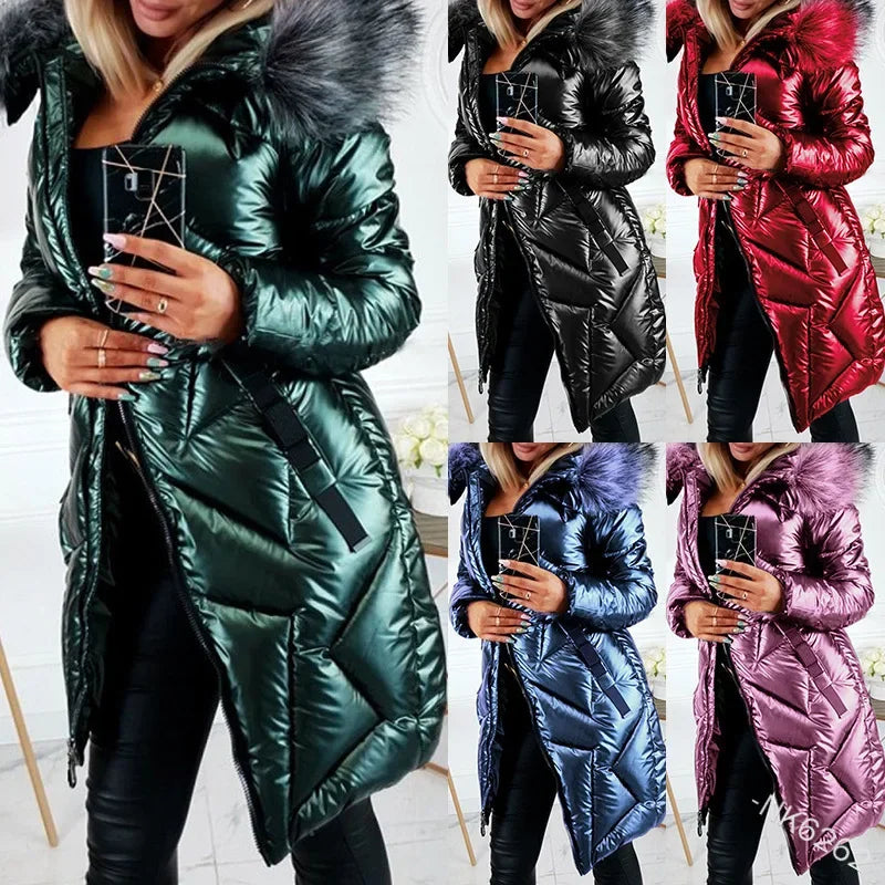 Stylish Women’s Mid-Length Parka with Fur Collar Pi-Mart
