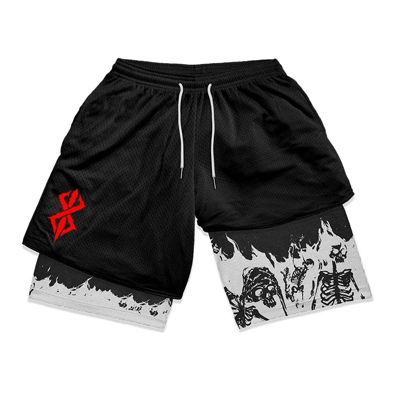 Berserk Skull Print 2 in 1 Running Workout Shorts