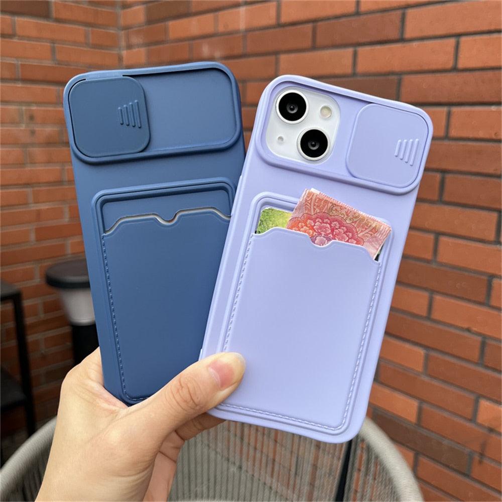 Lightweight Slide Camera Protection Card Holder Wallet Phone Case For iPhone 13 14 Pro Max 12 11 Soft Silicone Cover Soft Skin Silicone Cover Yellow Card Holder Sliding Camera Protection Cover For iPhone Stevvex