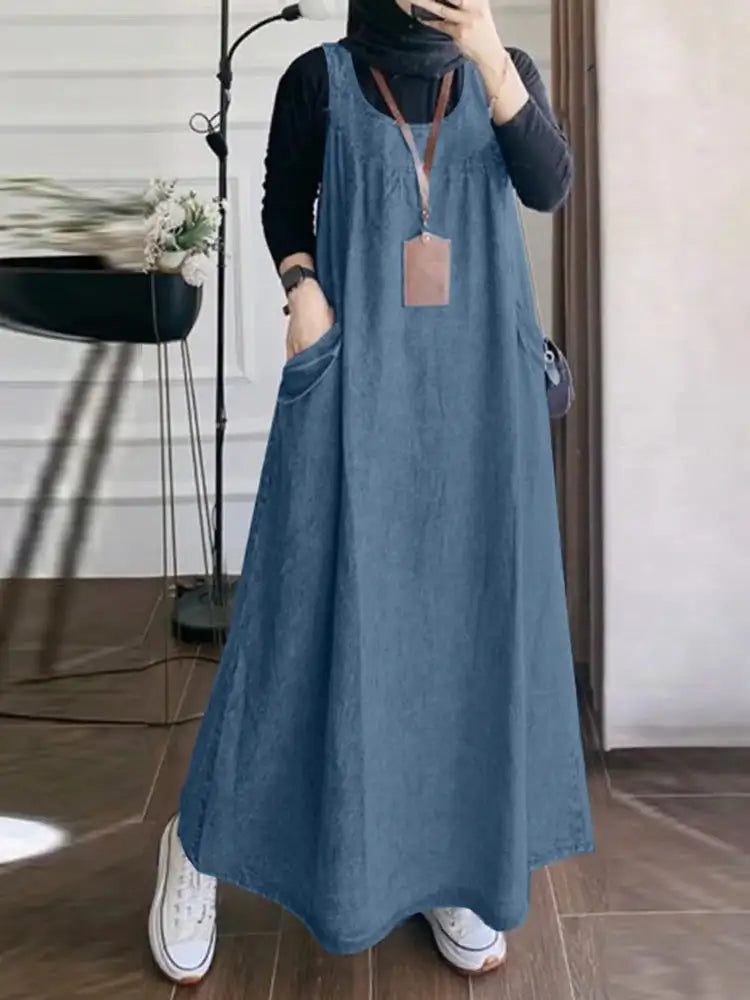 Summer Muslim Long Dress Abaya ZANZEA Women Vintage Sleeveless Denim Blue Maxi Vestidos Dubai Robe Casual Loose Ramadan Sundress