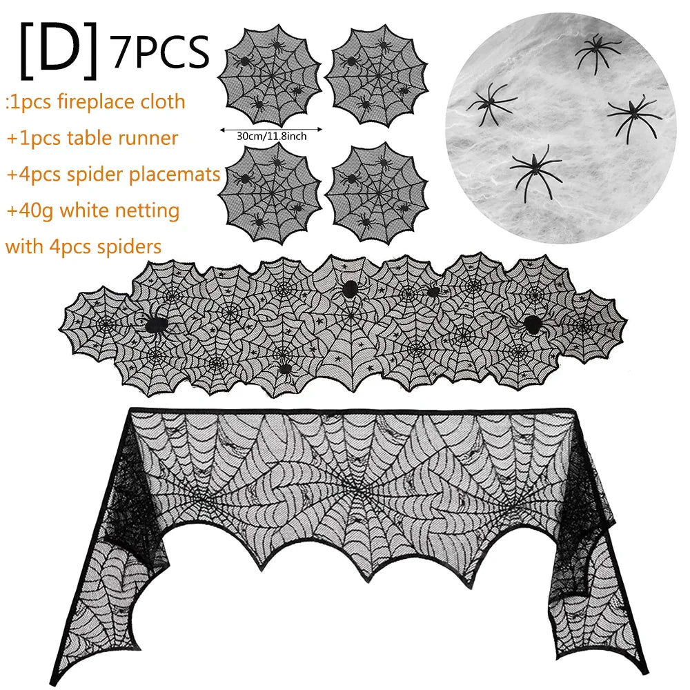 Halloween Decorations Set Spider Web Table Runner Fireplace Scarf Cover Tablecloth 3D Bats Wall Stickers Halloween Party Decor Lootquake LLC