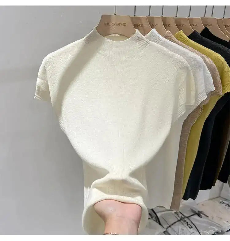 Half High Collar T-shirts Flying Sleeve Design Slim Knitted Sleeveless Top Women Simple Comfortable White T-shirts Summer 2025
