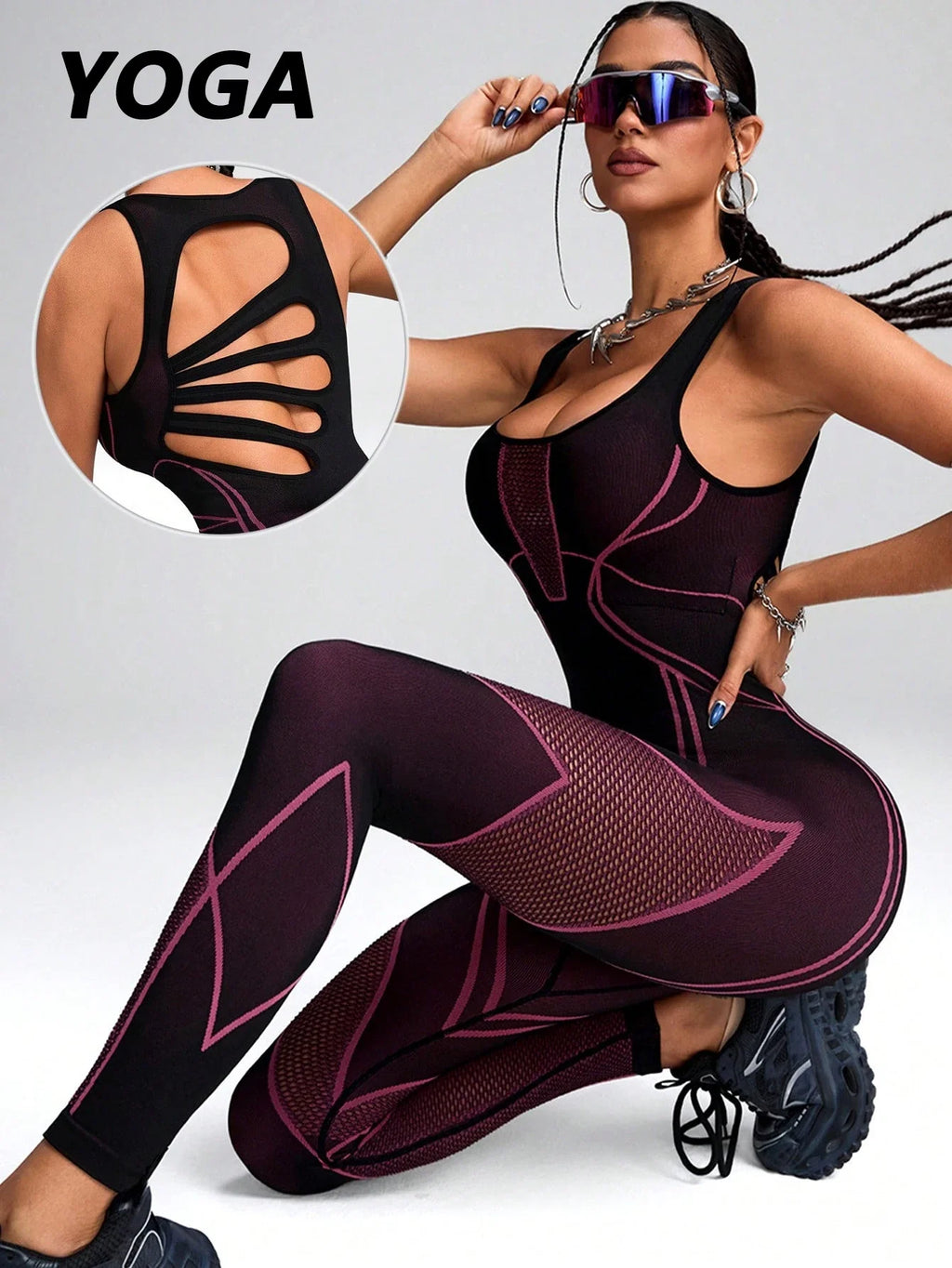 Chic Color-Block Women's Yoga Jumpsuit THRIXINE