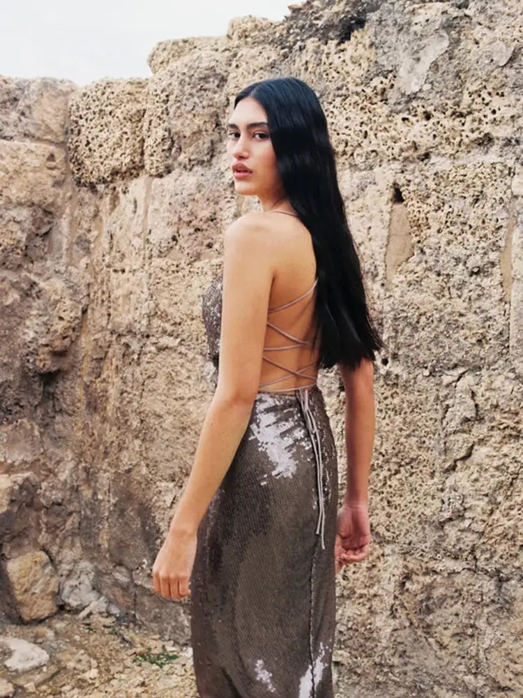 New Sexy Sleeveless Backless Lace-up Slim Long Dress Summer Elegant Pleated Backless Bright Sequins Dress Luxury Evening Dresses