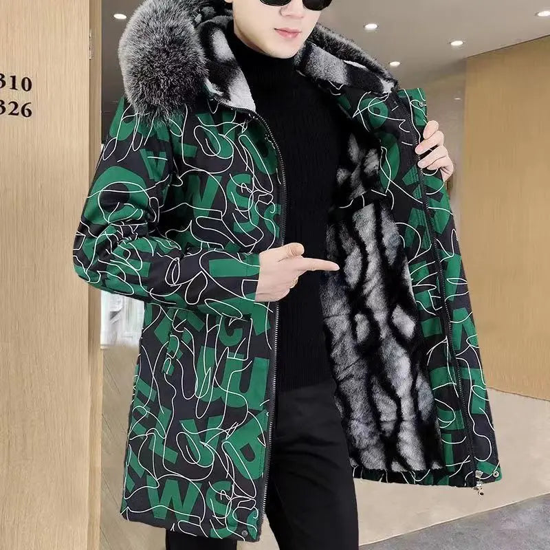 Cotton-Padded Coat Winter Jacket Men's Parkas ashionable Mid-Length Thickened Jacket Brand Letter Print Fur collar Pi-Mart