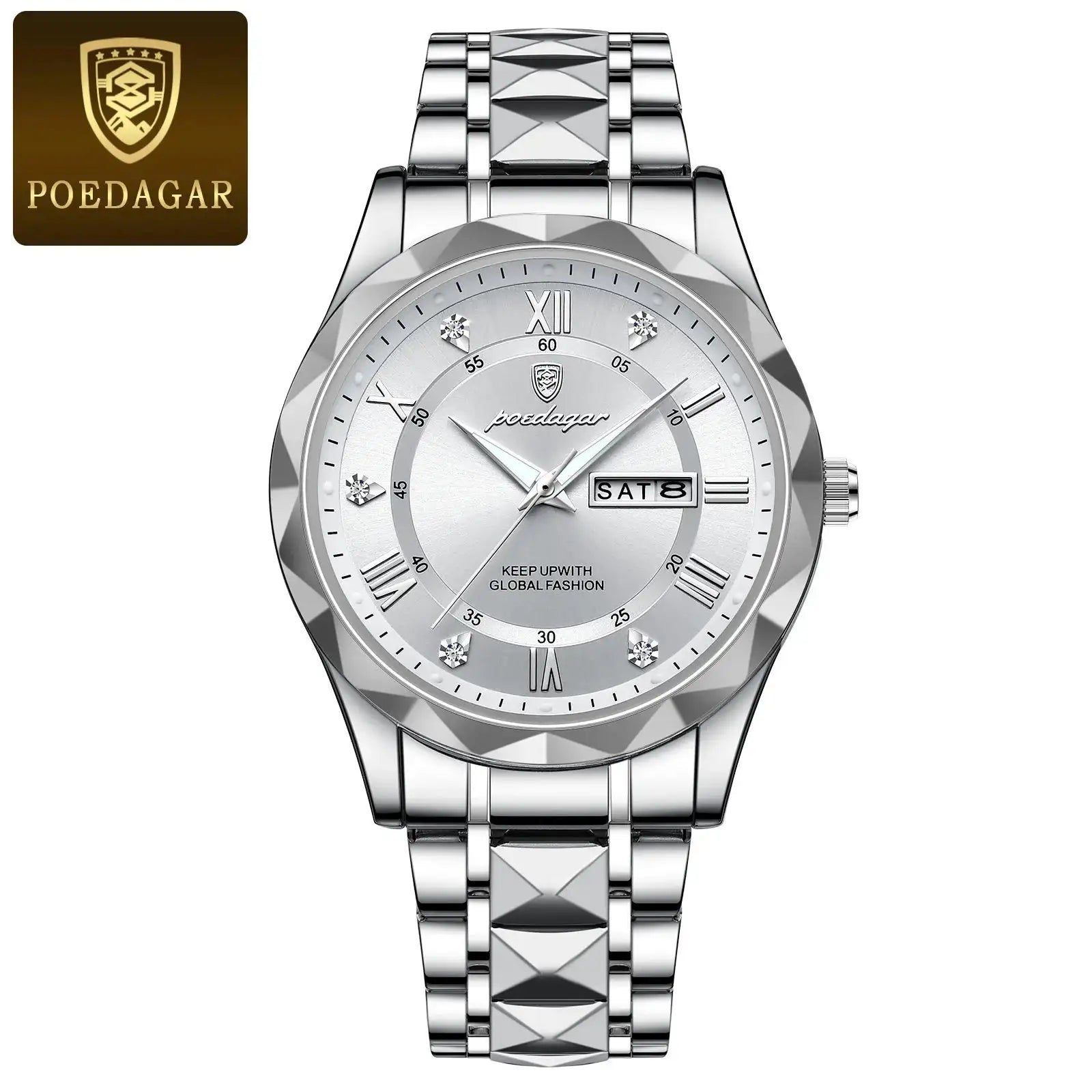 POEDAGAR Business Men's Watch Waterproof Luminous Stainless Steel Date Week Watches For Man Fashion Luxury Quartz Men Wristwatch