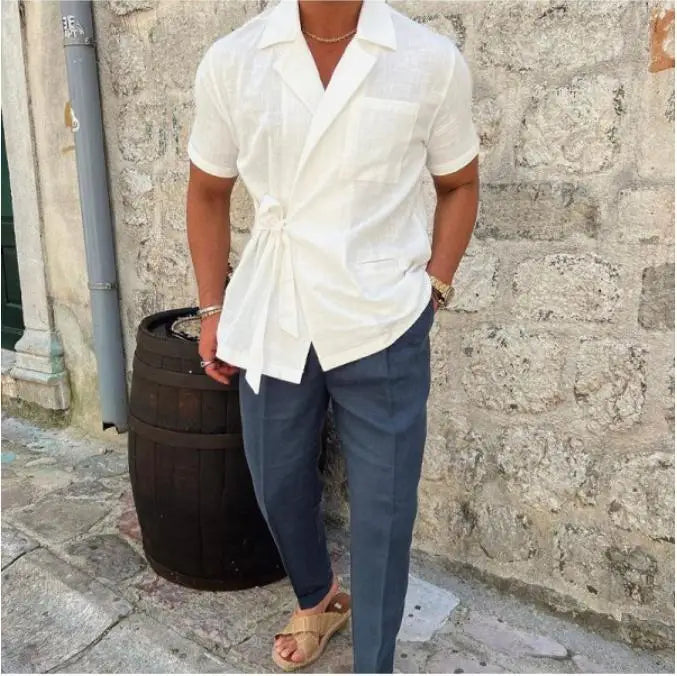 2025 Summer New Casual Fashion Commuting Comfortable Men's Solid Color Cotton and Hemp Suit Collar Strap Short Sleeve Shirt