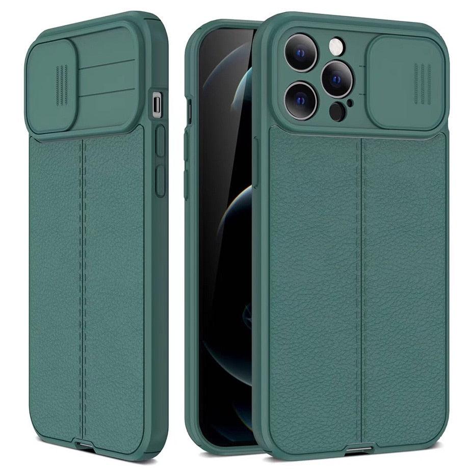 Luxury Leather Black Shockproof Phone Case on For iPhone 13 12 11 14 Pro Max XR X XSMax 14 Case Camera Lens Protection Soft Back Cover Thin Shockproof Case with Slide Camera Case for iPhone Stevvex