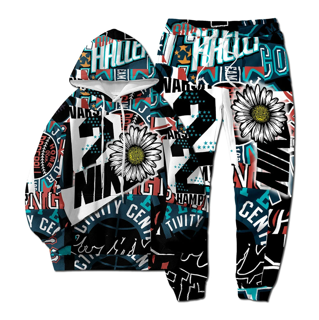 European Style New NK Letter Hip-hop 3D Digital Printing Fashion Casual Sports Youth Men and Women Hoodie Long Pants 2-Piece Set Pi-Mart