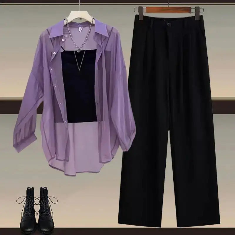 Summer Set Women's 2024 New Style Wear Sunscreen Chiffon Shirt with Slimming Slimming Suit Pants Three Piece Set