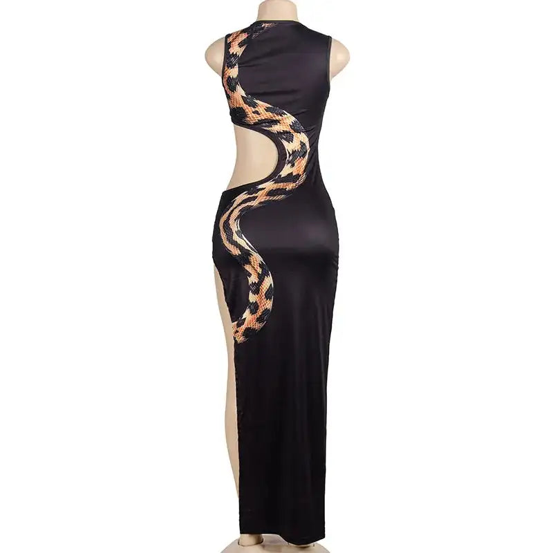 Tossy Python Printed Hollow Out Maxi Dress Female Slim Sexy Side Split Sleeveless Contrast Summer Party Dress Women's Long Dress