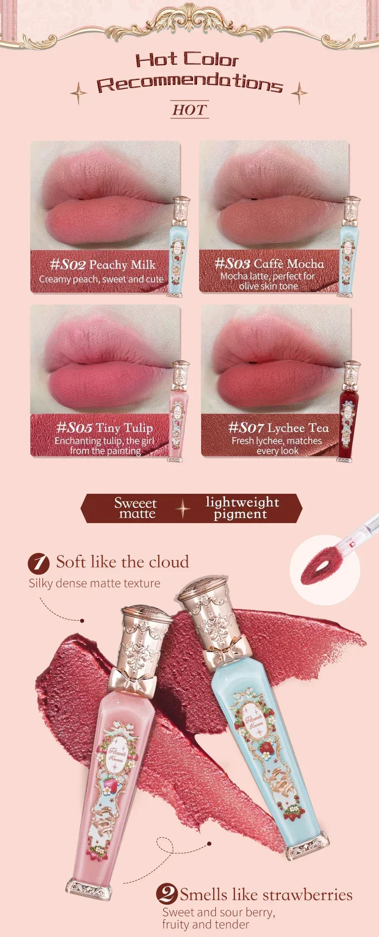 Flower Knows Strawberry Rococo Series Cloud Lip Cream Lip Gloss Long Lasting Velvet Lip Tint Lipstick for Women Cosmetic Lootquake LLC