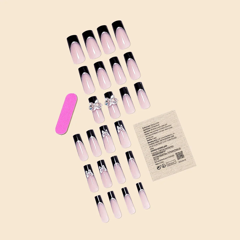 Luxury Women Girls Super Long Square Black French Sparkling Bow Decoration Full Coverage Wearable Fake Nail Press on Nail Art Lootquake LLC