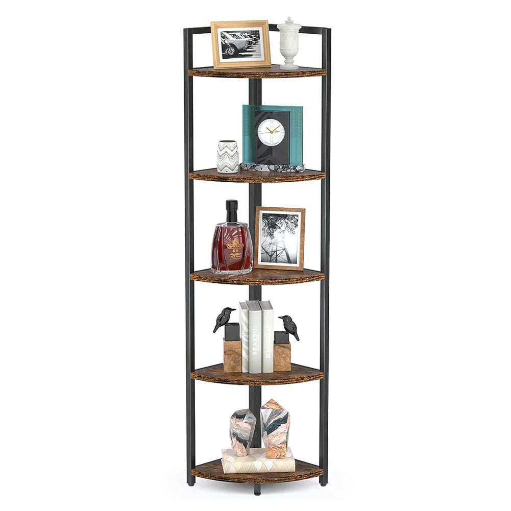 Brown 5 Tier Corner Book Shelf Home Storage Display For Bedroom Office 30cm W x 30cm D x 150cm H Lootquake LLC