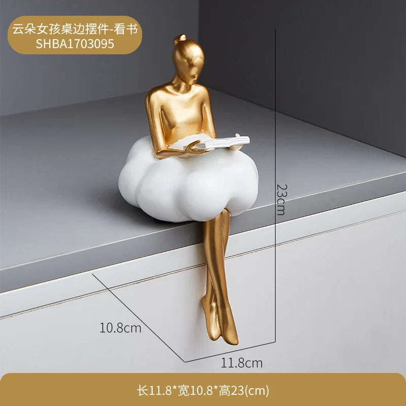 Sitting ballet girl art Golden sculpture Sitting posture ornament home accessories Statuettes Figurines office decor Statues Lootquake LLC