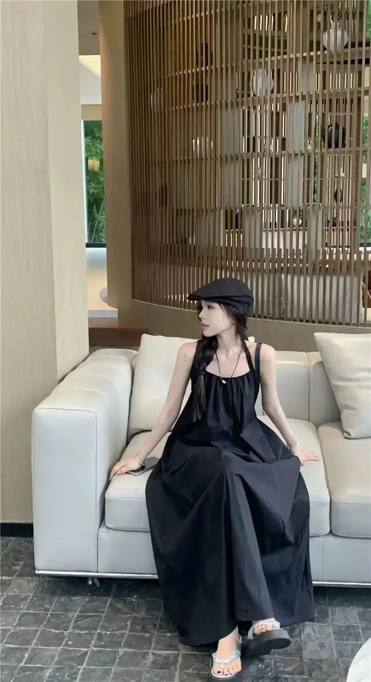 Summer Vacation Dress Thailand Style Open-back Halter Neck Age-reducing Photography Beach Long Dress Belted