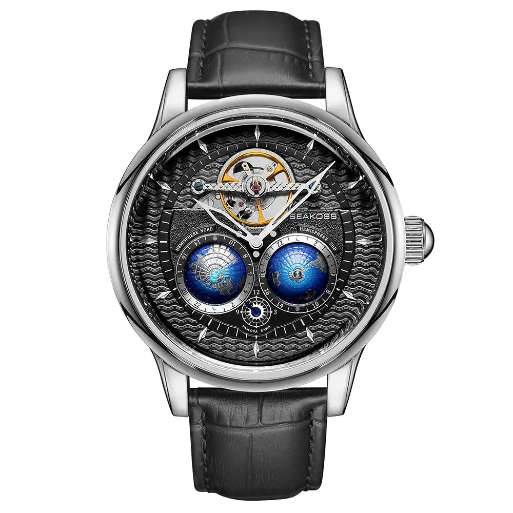 SEAKOSS Male Dual Earth Rotating Mechanical Men's Watch Automatic Movement Waterproof Clock Pilots 1963 Flywheel Wristwatches