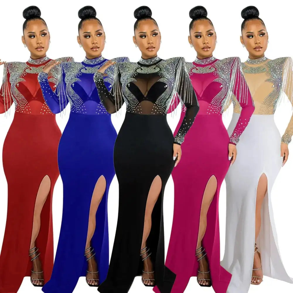 CM.YAYA Women Mesh See Through Long Sleeve Diamonds Hot Rhinestones Mermaid Long Dress Fall Evening Sexy Party Dresses Vestidos