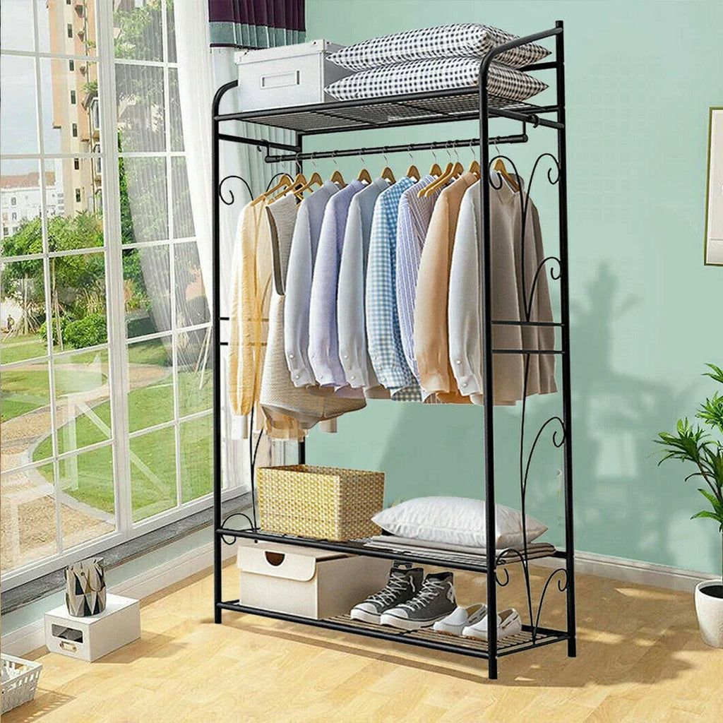 Bingopaw Black Metal Clothes Rack Stand Heavy Duty Garment Rail with 2 Storage Shelves for Shoes & Closet Organization Lootquake LLC