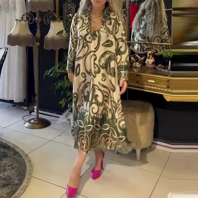 Vintage Fashion Printed V-neck Long Dress Women Spring Long-sleeved Loose Bohemian Dress Autumn Casual A-Line Maxi Dress Vestido