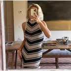 Striped Knitted Long Dress Women O-neck Backless Hollowed Out Long Sleeves Lady Bodycon Dress 2024 Spring Summer Vacation Robe