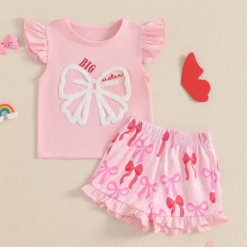 Cute Matching Baby Toddler Brother Outfit Bow Fly Sleeve Tops Elastic Waist Ruffle Shorts 2 Piece Summer Set for Siblings