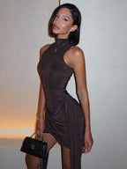 Turtleneck Sleeveless Mini Dress | Ruched Asymmetrical Party Dress - Femstylo