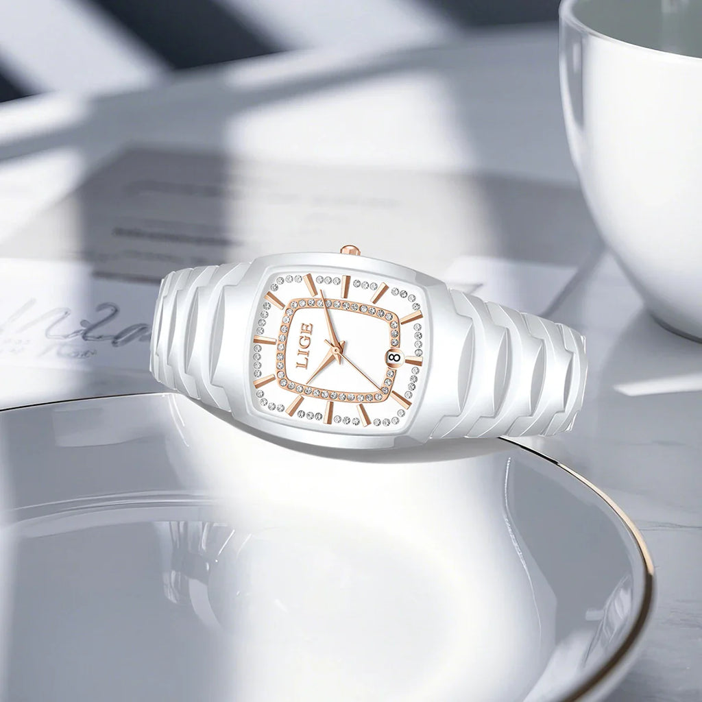 Women's White Ceramic Crystal Bracelet Watch Quartz Gift