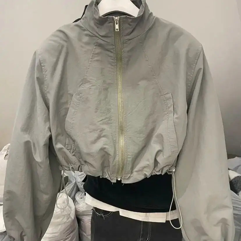2024 Autumn Vintage Women's Windbreaker Cropped Jackets Harajuku Oversized Streetwear Long Sleeve Fashion Female Elegant Top