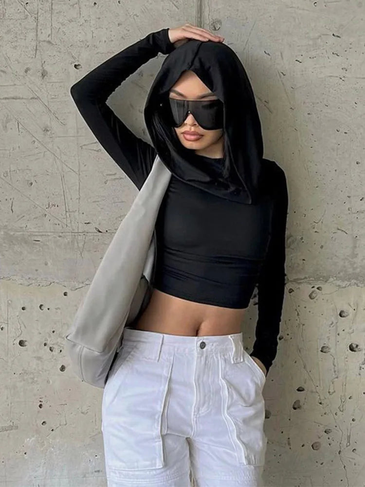 Autumn Slim Fit Hooded Crop Tee for Women THRIXINE