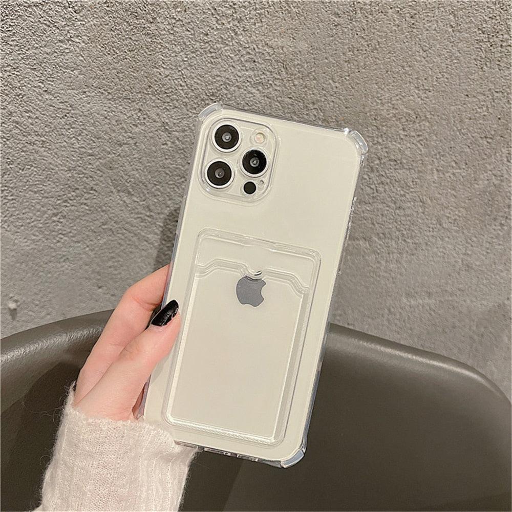 Transparent Card Slot Holder Case for iPhone 13 11 12 14 Pro Max Mini Clear Shockproof Soft Wallet Cover Clear Phone Case with Card Holder Slim Protective Soft Shock Absorbing Case with Card Holder Stevvex