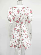 Puff Sleeve V-Neck Mini Dress | Printed Ruffled Pearl Button Dress - Femstylo