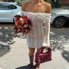 Oligai Lace Slim Mini Dress for Women Off The Shoulder Sexy Long Sleeves Club Party Dresses Bodycon Elegant Autumn Dress