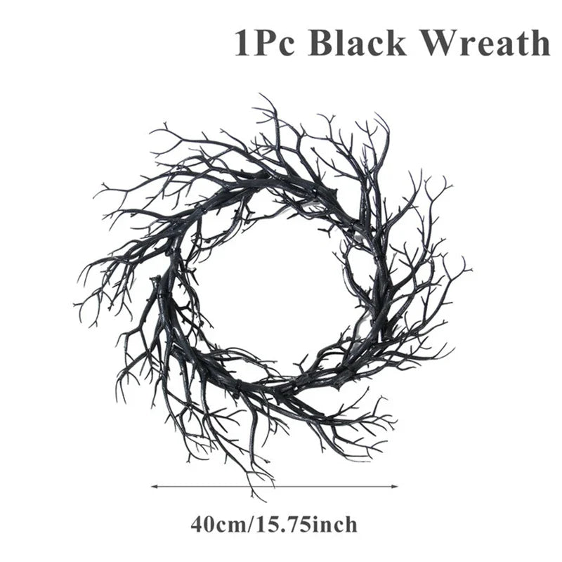 Black Halloween Wreath Artificial Branches Door Garland Wreath Halloween Decorations Scary Home Indoor Outdoor Party Decor Lootquake LLC