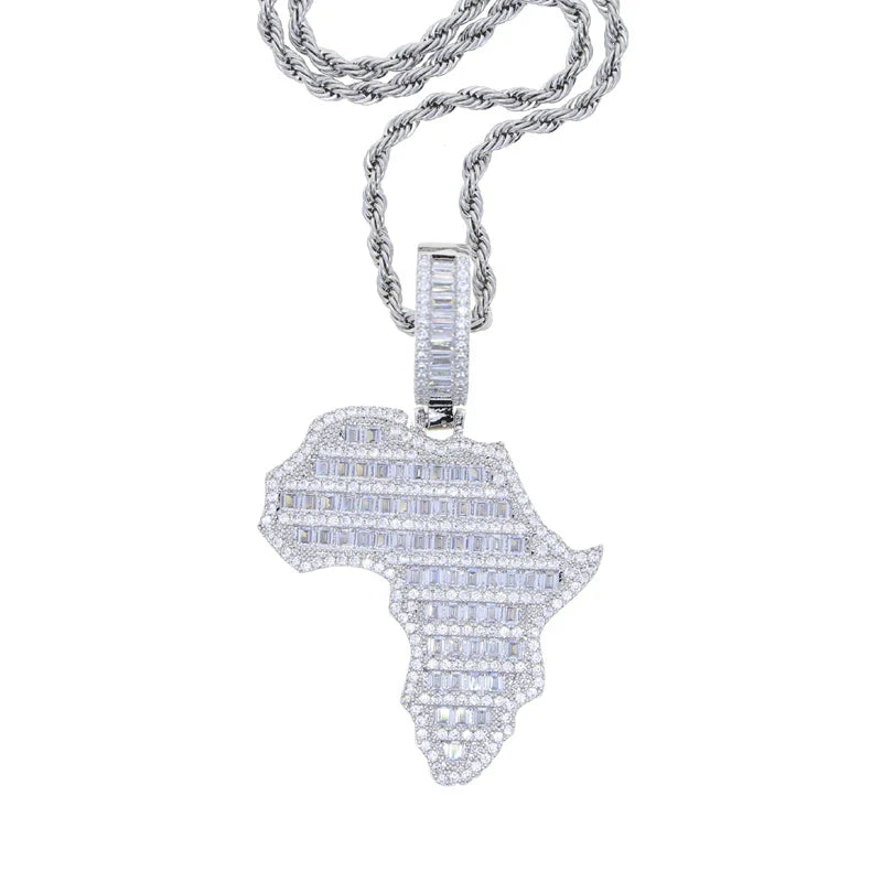 New Arrive Rectangle Cubic Zirconia CZ Paved Bling Africa Map Shaped Pendant Necklace Hip Hop Men Boy Cool Meaning Jewelry Lootquake LLC