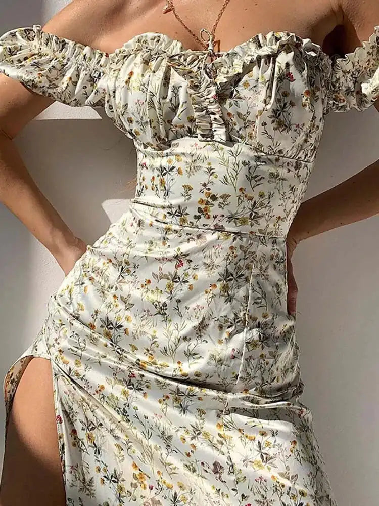 Slash neck Floral Print Split Beach Dress Women Summer Elegant Ruffles Party Long Dress Vestidos S~3XL Lootquake LLC