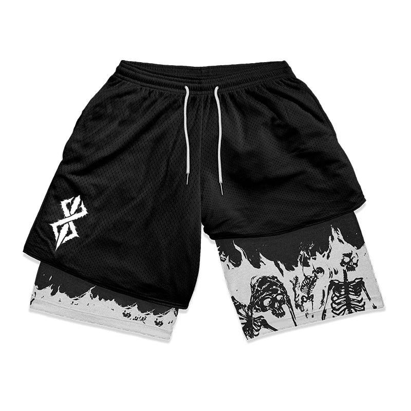 Berserk Skull Print 2 in 1 Running Workout Shorts